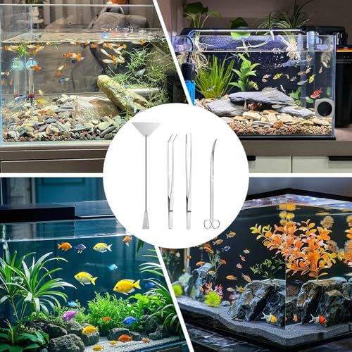 Aquarium Tools,4 in 1 Stainless Steel Long Tweezers - Aquatic Plant Tool | for Saltwater Cleaning Betta Shrimp Frog Terrarium Landscaping