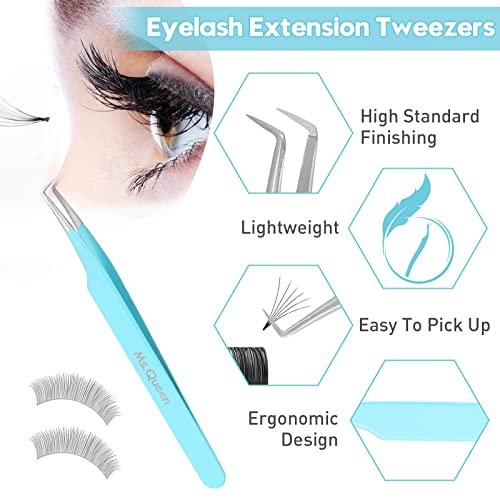 Ms.Queen Lash Tweezers for Eyelash Extensions, Precision Fiber Tip 90 Degree Tweezers for Mega Volume Lashes Extensions, Blue - style: 90 Degree Tweezers