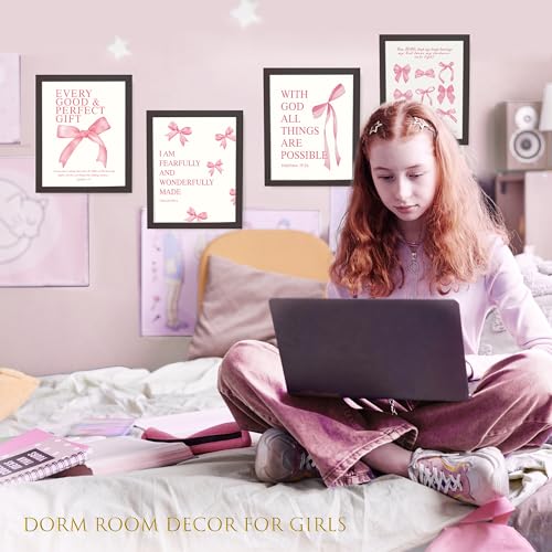 LARTSFRO Coquette Pink Bow Wall Art Decor Posters, Pink Bow Room Bedroom Bathroom Dorm Wall Art Decor Aesthetic for College Teen Girls Gifts, Inspirational Bible Verses Bow Wall Decor, 10x8 Inch Set of 4 Pcs Bow Pictures (DARK FRAMED) - color: Black-Frame