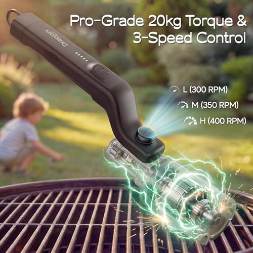 Electric Grill Brush, High Torque Grill Brush with 3-Speed Modes, 20kg Max Torque BBQ Cleaner Safe for Porcelain Cast Iron Stainless Steel, Reinforced Steel Bristles, for Fathers Day