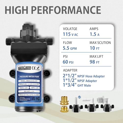 WASSERMANN Water Pressure Pump 115 Volt AC 5.5GPM 60PSI,Water Pump Self Priming Diaphragm Pump with Pressure Switch for Kitchen Bathroom Marine Yacht Garden - size: Full Size