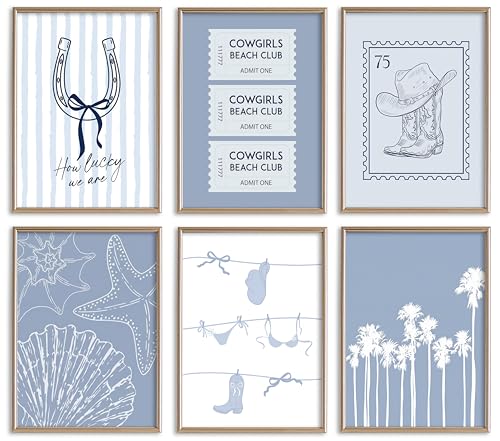 Cowgirl Beach Club Wall Art Set of 6, Western Coastal Blue and White Canvas Prints Nautical Pictures Wall Decor Summer Beach Poster Prints for Coastal Home Vacation House 12x16 inch unframed - color: Cowgirl Beach Club, size: 12x16in