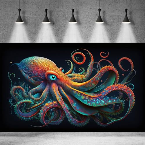 Octopus Aquarium Background Abstract Colorful Octopus Terrarium Background Glowing Octopus on Black Background Fish Tank Backdrop Poster Wallpaper Decorations Vinyl 24x12in - color: Green Red, size: 24(W)x12(H)in