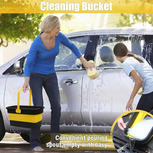 Collapsible Mop Bucket for Cleaning with Handle, Silicone Square Wash Bucket for Windows Cleaning Car Washing,Cleaning Supplies Organizer Plastic Water Bucket for Storage Household use, 3-Gallon - color: Grey Yellow