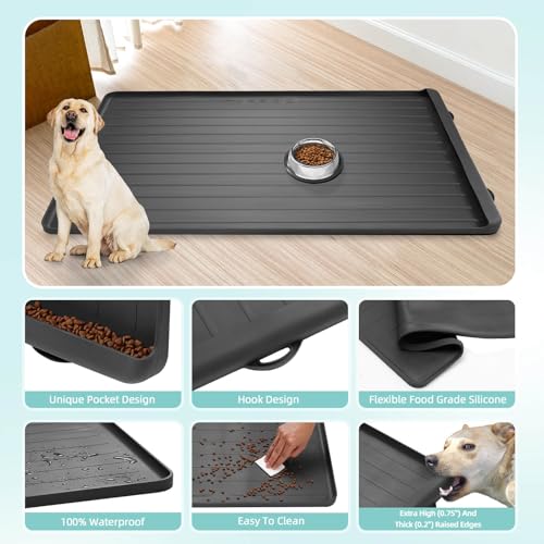 Dog Mat for Food and Water - 39.4" x 27" Large Pet Feeding Mats with Residue Collection Pocket - Waterproof Dog Cat Bowl Mat with High Edges to Prevent Water and Food Spills (Black) - color: Black