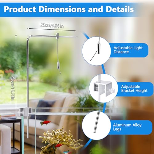 Aquarium Light Riser, 2PCS Aquarium Light Hanging Kit, Adjustable Height Stainless Steel Aquarium Light Stand Holder Bracket for Freshwater & Saltwater Aquariums, 15.74×9.84in (Without Crystal Clip) - style: Without crystal clip