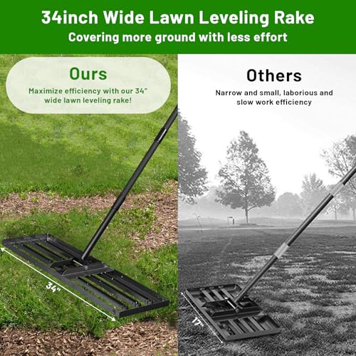 Lawn Leveling Rake 34"x10",Lawn Leveling Tool with 68" Long Adjustable Stainless Steel Handle for Leveling Soil,Grass,Sand or Dirt,Heavy Duty Lawn Leveler for Backyard,Garden,Golf Course,Farm,Pasture - style: 34"x10"