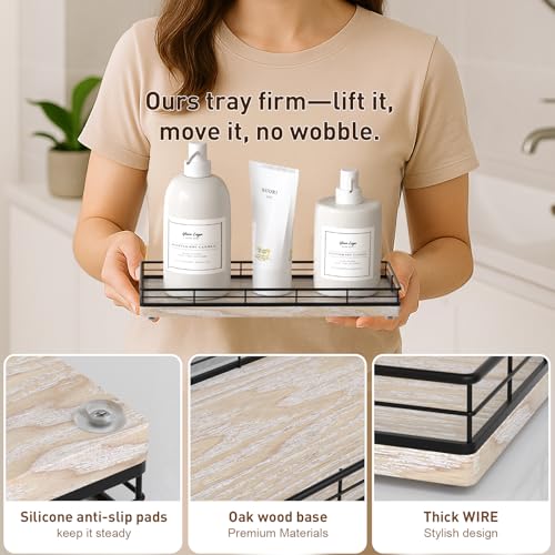 Bathroom Tray for Counter Top Organizer – Ash Wood Vanity Tray with Metal Frame for Dresser, Kitchen, Nightstand – Black & Whitewashed Decorative Storage - color: Black & Whitewashed, size: 11" x 4.5" x 1.5"