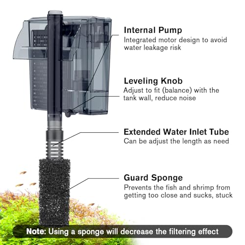 hygger Aquarium HOB Filter 105 GPH for 10-20 Gallon Fish Tank Power Filter with Adjustable Water Flow Extendable Intake Tube External Hang-On Back - size: S