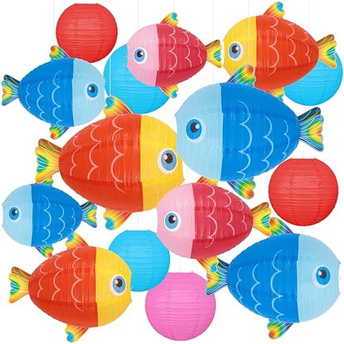 15Pcs Under the Ocean Sea Fish Party Decorations Paper Hanging Lanterns: Fishing Theme Decor for Beach, Summer, Mermaid, Luau, Hawaiian, Birthday Supplies