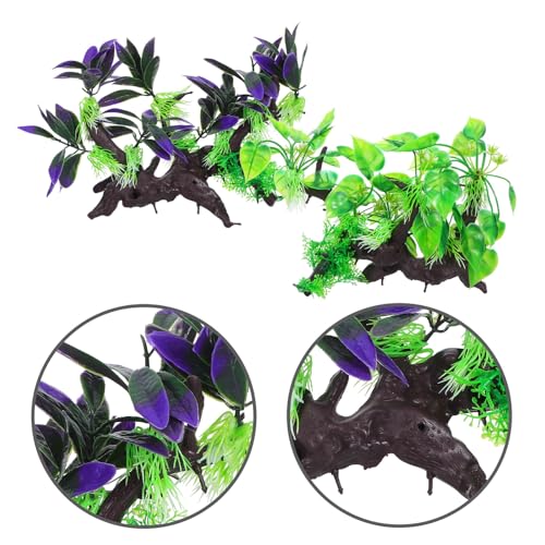 Abaodam 2pcs Artificial Aquarium Plants with Driftwood Ornament, Simulated Resin Water Grass Fish Tank Decorations for Home and Public Aquariums