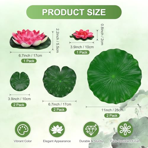 M METERXITY 1-Set Artificial Floating Foam Lotus Flower with Water Lily Pad, 4/7/11 Inch Fake Lotus Flowers Water Lilies for Pool/Fountain/Garden Decor, Pond Plants Ornaments [Dark Red] - color: Dark Red, size: 6.7/3.9 Inch