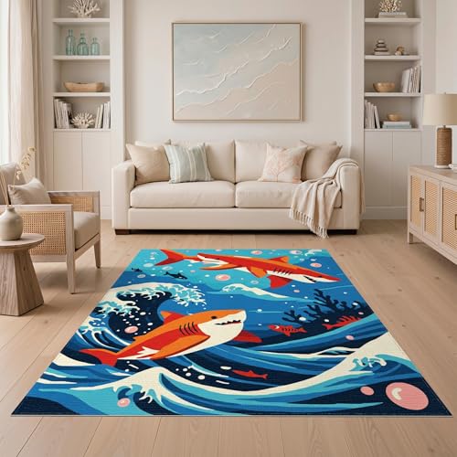 5'x7' Washable Kawaii Fish Area Rug, Red Flatwoven Floor Covering for Dining Room, Under Table, Home Office, Non-Slip Chair-Friendly Carpet | Ref:2070034 - color: Blue/Pattern 11, size: 5' x 7' (Rectangular)