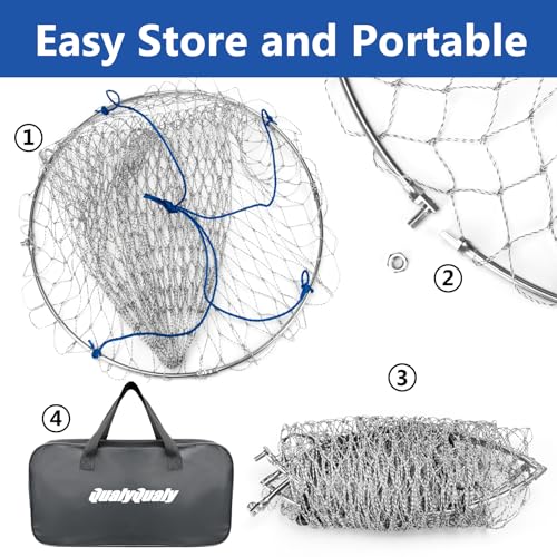 QualyQualy Foldable Pier Fishing Net 23" with Rust-Proof Stainless Steel Ring & Heavy-Duty Poly Mesh | Saltwater & Freshwater Landing Net for Kayak, Bridge Fishing Lightweight Durable Design - color: Gray, size: Without Handle