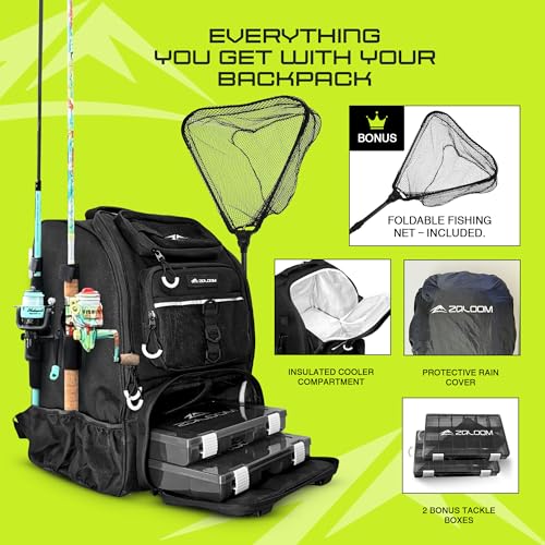 Waterproof Fishing Backpack with Tackle Boxes, Rod Holder & Foldable Net - 45L Fishing Tackle Bag with Trays Included, Extra Storage Gear and Equipment, Rain Cover, Fisherman Gift for Men - color: Large (45 L) - Black