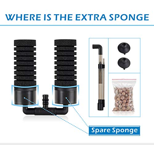 hygger Sponge Filter, Aquarium Filter Double Sponge Replaceable Media with 4 Biochemical Sponges and 1 Bag of Filtered Ceramic Balls Ultra Quiet Filter Fish Tank (S/M) (M for 15 to 55 Gallon Tank) - size: M for 15 to 55 gallon tank