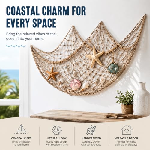 2 Pack Fish Net Decorations for Party, Natural Cotton Hawaiian Table Runner Party Fishing Net Decorative, Nautical Themed Cotton Fishnet Under The Sea Pirate Ocean Beach Decor - color: Brown