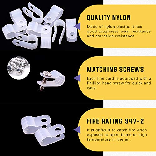 Swpeet 60 Pack White 5/16 Inch Nylon Plastic R-Type Cable Clips Clamp Kit, Nylon Screw Mounting Cord Fastener Clips with 60 Pack Screws for Wire Management (5/16 Inch, White) - color: White, size: 5/16 Inch