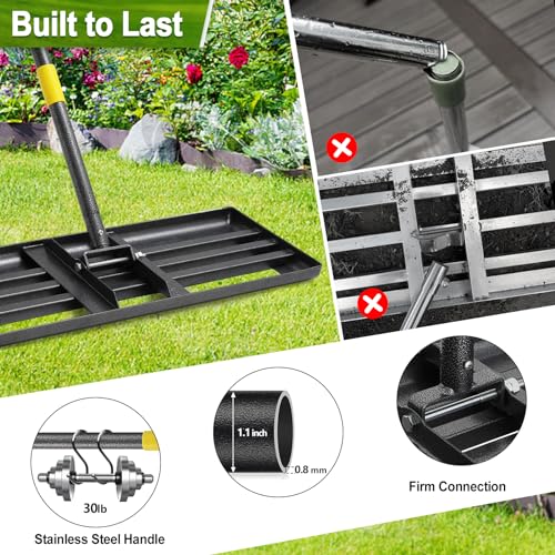Lawn Leveling Rake, 30"x10" Levelawn Tool, 6FT Adjustable Handle Leveling Tool Heavy Duty Stainless Steel Lawn Leveler for Yard Garden Golf Course Soil Grass - style: 30X10" - 6FT
