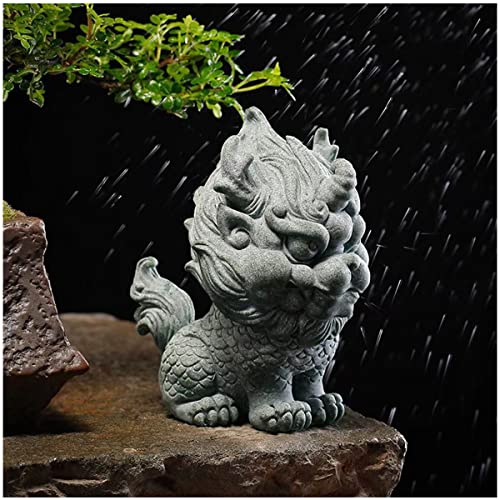 livelyfish Asian Foo Dog Statue Lion Sandstone Sculpture Ancien Chinese Qi Lin Statue for Fish Tank Aquarium Garden Bonsai Decorations, L - size: Large