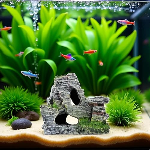 Resin Aquarium Mountain Decor with Moss Rock Cave - Multi-Level Terrain for Fish Tank Landscaping, Natural-Looking Rockery Design with Hidden Cave and Crevices for Shrimp
