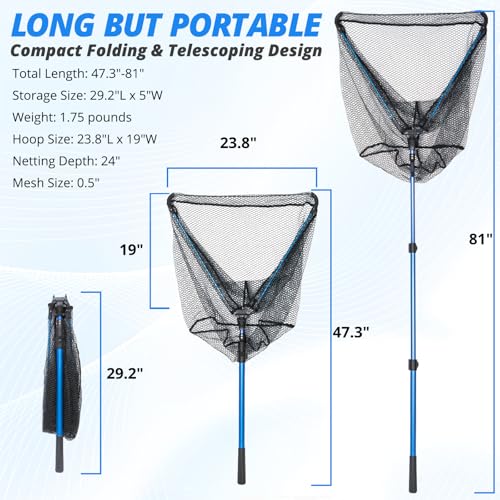 Retractable Extra Long Landing Net - 81" Large Fishing Net with Telescoping Handle, Rubber Coated Polyethylene Netting - Easy Folding