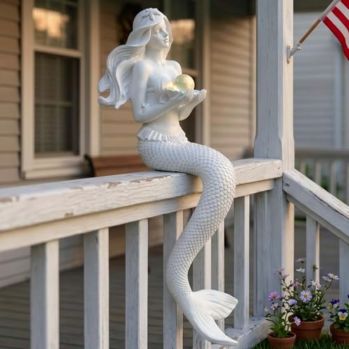 9.6" Mermaid Statues Outdoor, Timeless Moments for Fairy Tales, Pond Ornaments, Poolside Garden Decor, Koi Fish Pond, Unique Fisherman Gifts (White) - color: White Mermaid