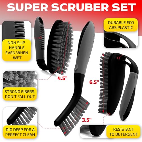 Scrub Brush Set of 3pcs - Cleaning Shower Scrubber with Ergonomic Handle and Durable Bristles - Grout Cleaner Brush - Scrub Brushes for Cleaning Bathroom/Shower/Tile/Kitchen/Floor/Bathtub/Carpet - color: Black, Set of 3