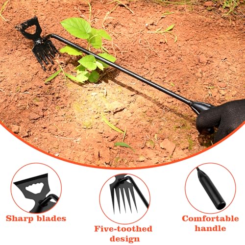BokingOne Weed Puller Tool Garden Weed Pulling Tool, 4-Tine Manganese Steel Weeder Tool - Black Coated Forged Portable Garden Hand Weeder for Farm, Orchard & Garden (2Pack) - color: 5-Tine black