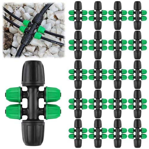 Kalolary 20PCS Locked Barbed Tee Connectors, 5/16" to 1/4" Drip Irrigation Fittings Kit 8/12mm to 4/7mm Tube Lock Female Connector 6-Way Barbed Lock Irrigation Parts for Watering System (Black Green) - color: Black Green 5/16" to 1/4" 6-Way