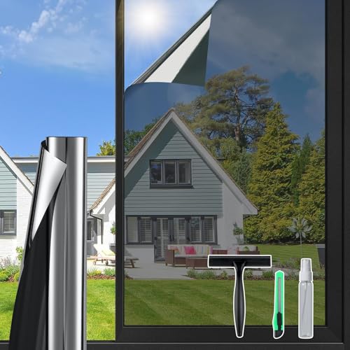DOWELL One Way Window Privacy Film with 3 Tools Window Tint for Home Heat Control Anti UV Sun Blocking Reflective Mirror Covering See Out Not in for House and OfficeBlack Silver 23.6" X 78.7" - color: Black Silver, size: 23.6" X 78.7"