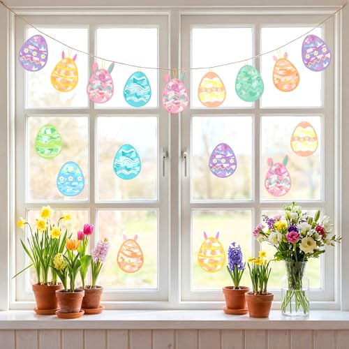 Renbuzhu 48PCS Easter Crafts Bulk: Eggs Paper Suncatchers DIY Kit for Activities Decorations, Window Stained Glass Effect Art Ornaments - style: easter egg