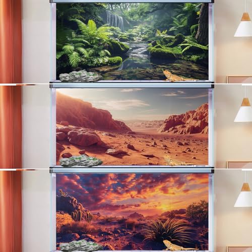 COMSUN 3 Pack Terrarium Background, 24x12 inches Polyester Reptile Background, Cloth Terrarium Backgrounds, Gobi Sunshine Cactus Stone & Green Tree Fern Stream Terrarium Background - size: 24x12 Inch