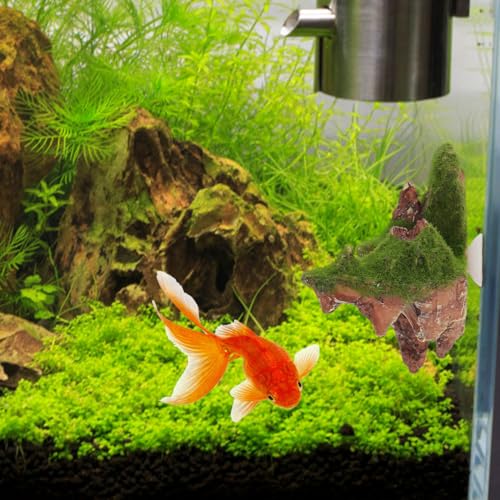 POPETPOP Floating Aquarium Rock Decorations, Set of 2 Suspended Moss Stones for Fish Tank, Avatar Style Floating Island Mountain, Yellow Ethereal Landscape Decor with Suction Cups