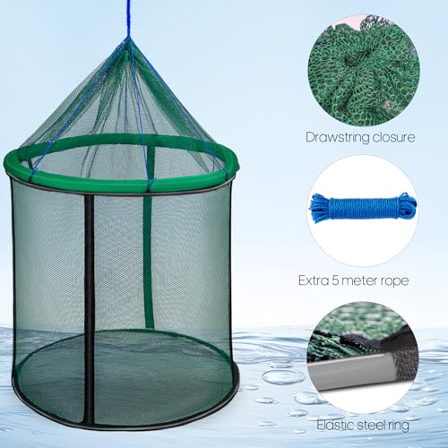QualyQualy Floating Fish Basket 41/73 Gallons Extra Large for Live Caught, Fully Foldable Fishing Net Holder for Bait Live Well Collapsible Mesh Fishing Holder Cage - color: Green, size: 23.6*23.6*21.6IN (41 GAL)