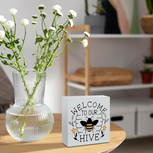 Summer Bee Sign Decor Bee Decorations for Home Welcome to Our Hive Wooden Box Sign Desk Accessories Home Office Bedroom Bathroom Decor 5 X 5 Inch - color: Welcome