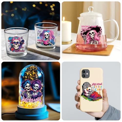 Peacoblue 18 Sheets Rub on Transfers for Crafts, Skeleton with Humorous Text 3.6"x3.9" UV DTF Cup Wraps Waterproof Cold Transfers Stickers for Wood Glass Metal Cup Tumblers Mirrors Mugs Home Decor - style: Skeleton with Humorous Text