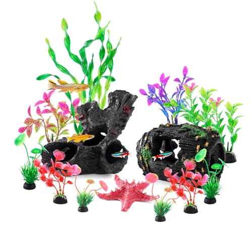 14pcs Fish Tank Decorations Set, Aquarium Decor Driftwood, Resin Fish Broken Barrel and Artificial Plastic Plants, Fish Bowl Ornaments Betta Tank Hideout Accessories
