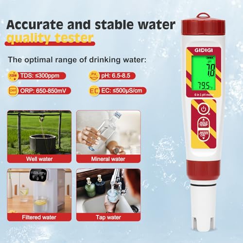 6 in 1 pH Meter Salt Tester TDS EC Pen for Pool Water | Digital Salinity Pen for Water Pool, Calibration Kits Included, High Accuracy Salinity pH ORP EC and TDS Meter - color: White