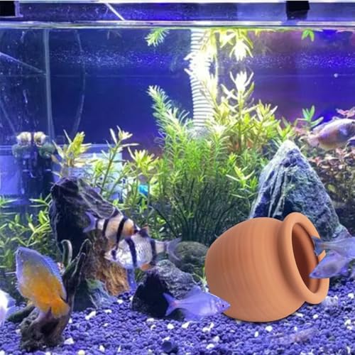 Ceramic Aquarium Decor, Betta Fish Hideout Cave, Aquarium Ornament Jar, Terracotta Pot Shrimp Habitat, Fish Breeding Shelter, Beta Fish Tank Accessory to Play Rest Hiding (Small)