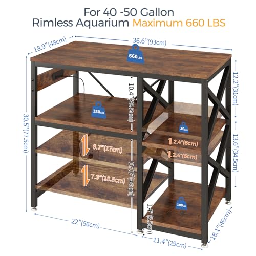 40-50 Gallon Fish Tank Stand with Power Outlet,Adjustable 3-Tier Aquarium Stand,660lbs Heavy Duty Terrarium Stand,Breeder Reptile Tank Stand Suitable for Home Office,36.6”×18.9” ×30.5”,Rustic Brown - color: Rustic Brown, size: 40-50gallon