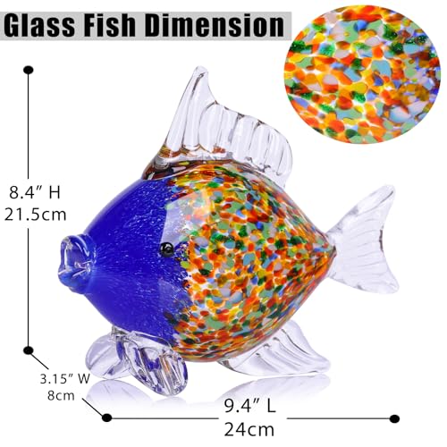 Colorful Blown Glass Fish Figurine – Blue Art Animal Sculpture for Ocean Coastal Home Decor, Handcrafted Glass Fish Ornament for Tabletop, Shelf, or Aquarium Theme Display (G)