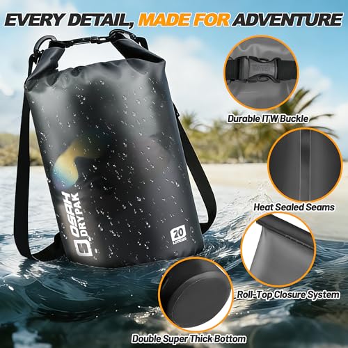 Waterproof Dry Bag, 5L/10L/20L/30L/40L Roll Top Lightweight Storage Backpack with Phone Case for Women & Men, Floating Waterproof Sack for Travel, Swimming, Kayaking, Paddle Board, Camping & Beach - color: BLACK CLEAR, size: 10L