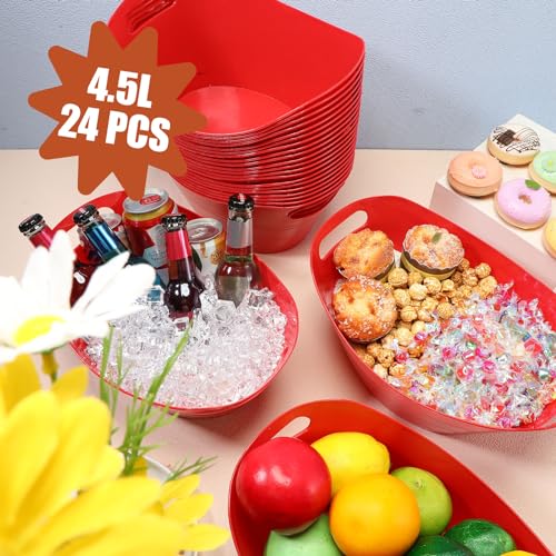 Norme 24 Pcs Oval Storage Tub with Handles, 4.5l Plastic Ice Buckets Bulk for Wine Beer Champagne Drink Cooler Beverage Storage Tub for Parties BBQ Weddings Party Outdoor Celebration(Red) - color: Red
