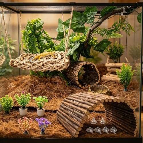 Bearded Dragon Tank Accessories, Reptile Mat Hammock Plants Bridge Jungle Climber Vines Terrarium Decorations for Leopard Gecko, Hermit Crab Lizard Snake (9 PCS Without Reptile Mat) - color: 9 Pcs Without Reptile Mat