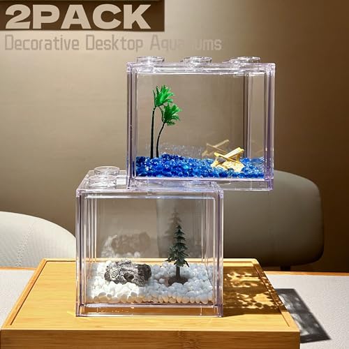 2 Pack Sea Monkey Fish Tank, Mini Betta Fish Tank Stackable Aquarium Tank Kit with Aquarium Gravel & Micro Landscape, 0.6 Gallon Acrylic Fish Bowl Tiny Shrimp Tank for Baby Fish Crab Moss Ball - color: Clear