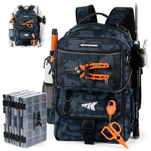 KastKing BaitSpace Fishing Tackle Backpack with Removable Bait Binder,2 Rod Holders Storage Fishing Gear and Equipment - color: C: Blue Camo (With (4) 3600 Tackle Boxes)
