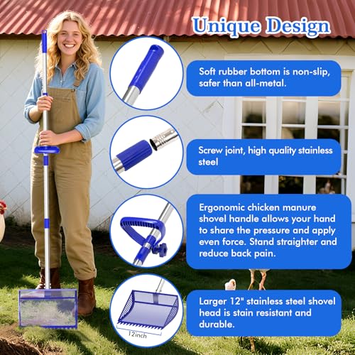 Chicken Poop Scooper Rake 2-in-1,304 Stainless Steel Shovel Head, Chicken Litter Scoop with Handle for Chicken Coop for Sand, Pet Waste Cleaning, Litter Sifting Shovel (35 to 65") (Bule, 12inch) - color: Blue, size: 12Inch