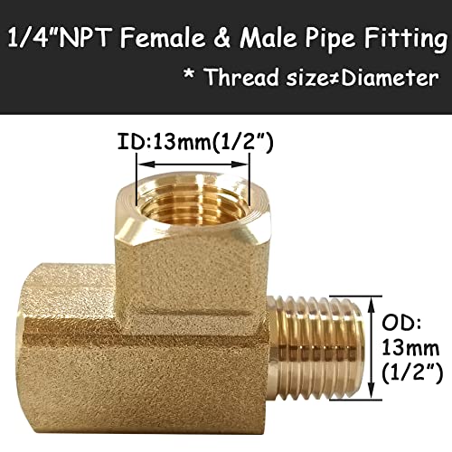 Uenede 2PCS Brass Tee Pipe Fitting 1/4" NPT Female x 1/4" NPT Female x 1/4" NPT Male for Water/Oil/Gas - style: Female x Female x Male