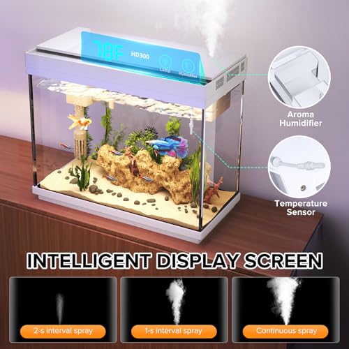 Fish Tank 2.4 Gallon Aquarium Kit with Humidifier 7-Color Auto-Looping 3 in 1 Quiet Pump with Filteration & Oxygenation & Circulation, Temperature Display, HD Glass - color: White